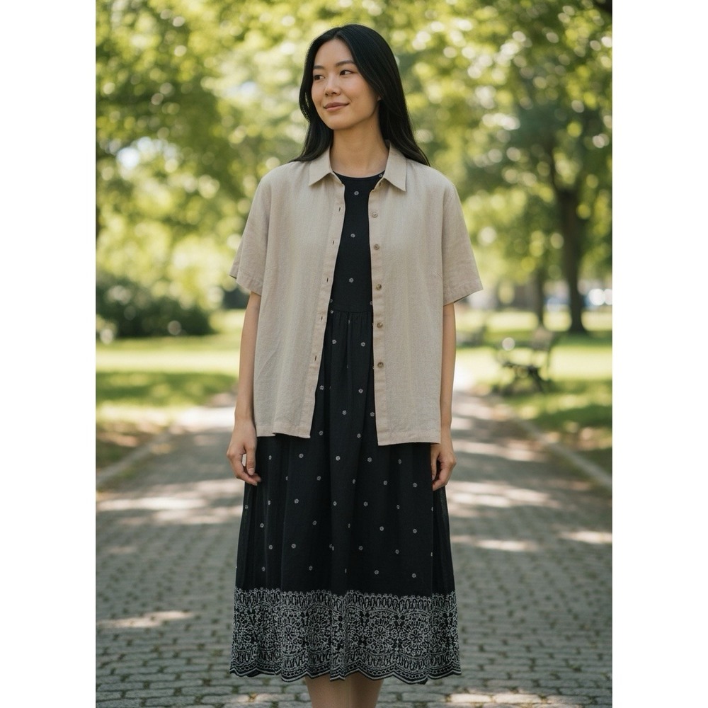 CJ Banks Dress Set 16W Womens Black Rayon Midi & Tan Linen Button Up Shirt
